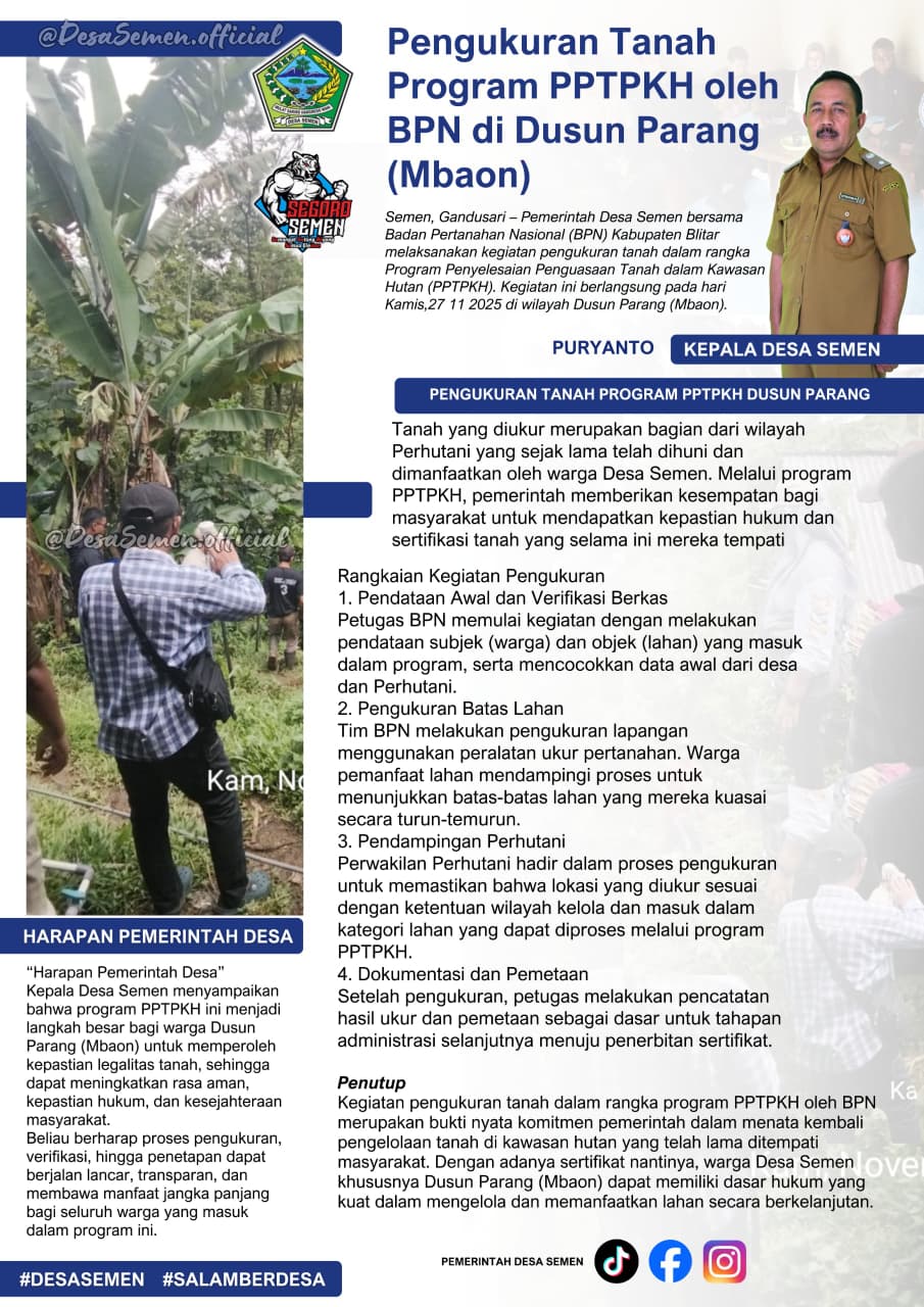 Pengukuran Tanah Program PPTPKH di Dusun Parang: Upaya Pemerintah Desa Semen Perkuat Legalitas Lahan Warga