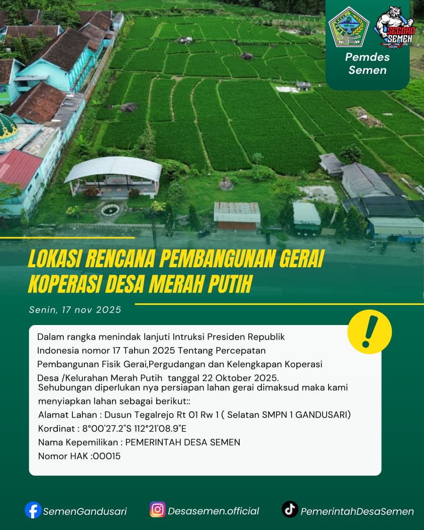 Pemdes Semen Lakukan Peninjauan Lokasi Rencana Pembangunan Gerai Koperasi Desa Merah Putih